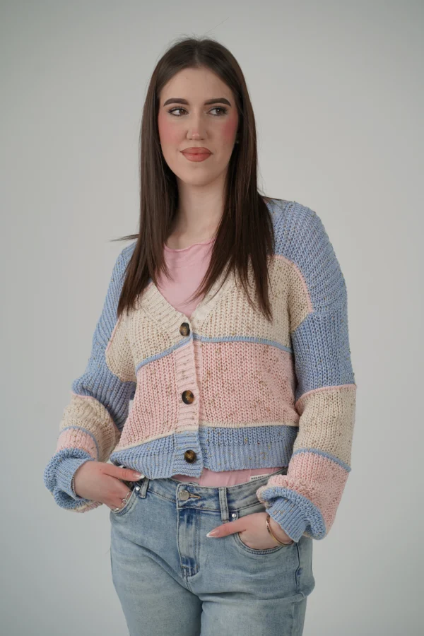 CARDIGAN TRICOLOR - AZZURRO / BEIGE / ROSA