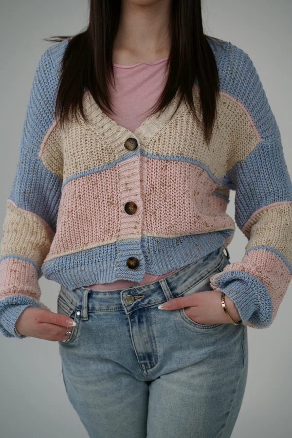 CARDIGAN TRICOLOR - AZZURRO / BEIGE / ROSA - immagine 2